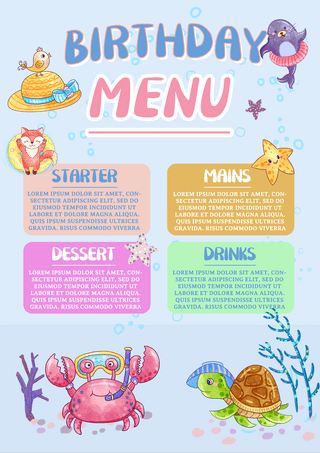 菜单儿童海报模板_蓝色底海洋生物卡通螃蟹儿童生日菜单