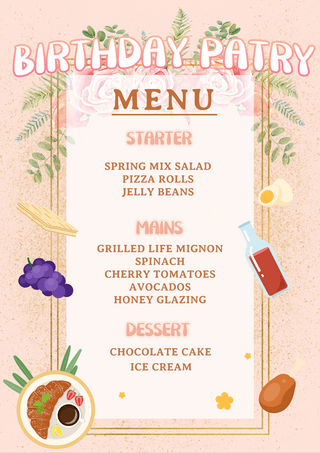 粉色绿植海报模板_粉色底多种食材卡通绿植边框儿童生日菜单