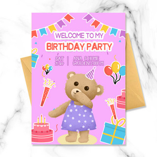 可爱泰迪熊海报模板_紫色泰迪熊生日邀请函