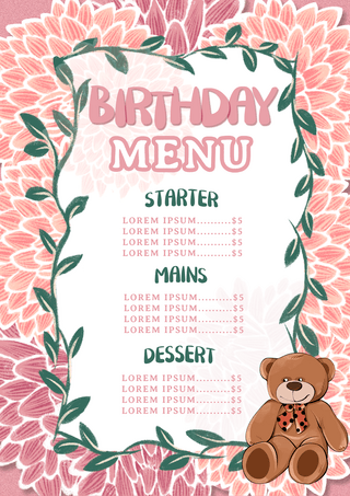 菜单儿童海报模板_粉色花瓣绿叶边框卡通泰迪熊儿童生日菜单