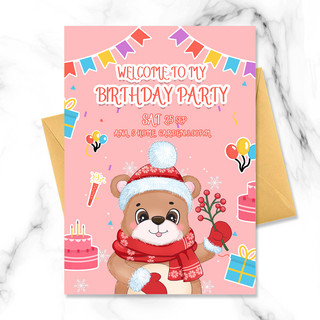 粉色蛋糕卡通海报模板_浅粉色小熊生日邀请函