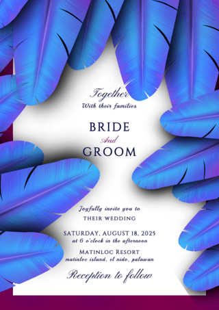 蓝色高端质感海报模板_创意蓝色高端质感羽毛婚礼邀请函