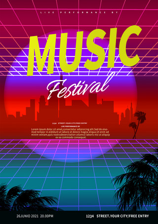 音乐节复古海报模板_80年代复古荧光风格音乐节传单