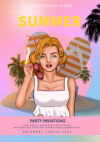 夏天沙滩游泳圈海报模板_波普风格夏日海滩假期模板