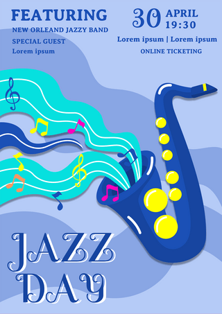 萨克斯海报海报模板_萨克斯音符蓝色卡通国际爵士乐日表演海报