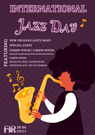 萨克斯音符紫色卡通国际爵士乐日表演海报