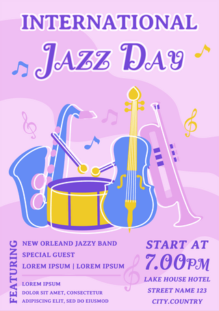 粉色乐器提琴小号卡通国际爵士乐日表演海报