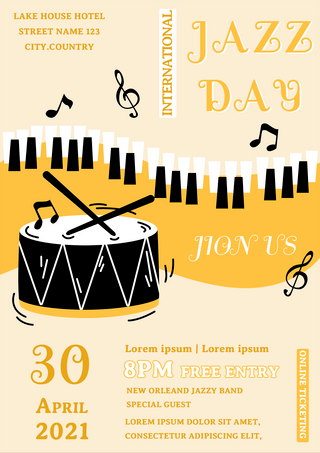 爵士鼓钢琴键盘卡通国际爵士乐日表演海报