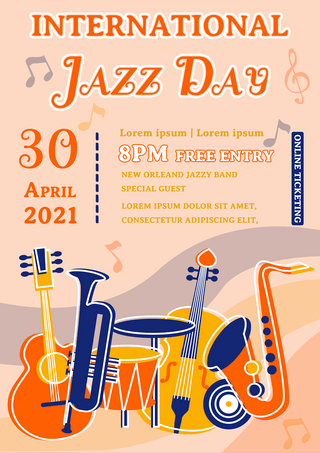 萨克斯小号乐器音符粉色卡通国际爵士乐日表演海报