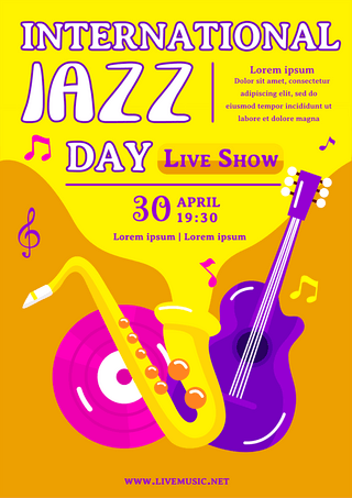 乐器吉他萨克斯音符黄色卡通国际爵士乐日表演海报