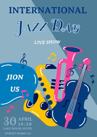 萨克斯提琴音符蓝色卡通国际爵士乐日表演海报