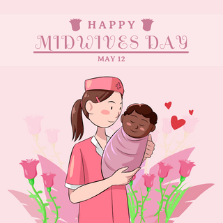 国际助产士日粉色底卡通护士婴儿玫瑰社交媒体模板