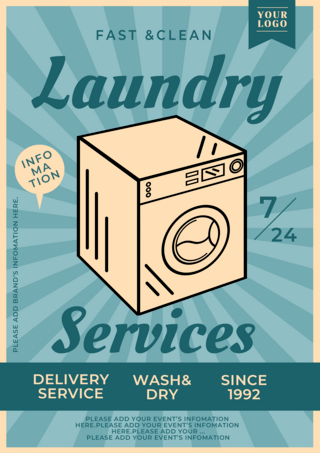 蓝色洗衣机海报海报模板_蓝色复古风格洗衣店服务传单