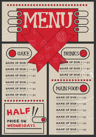 锅剪贴画海报模板_红色剪贴画风格食物菜单