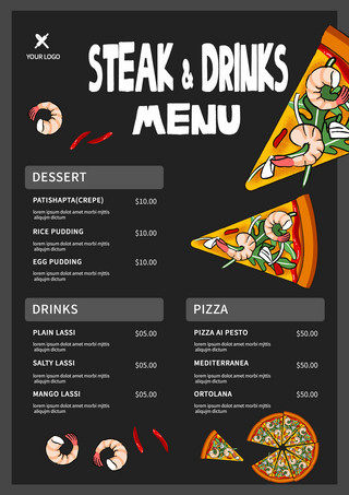 剪贴画风格食物披萨菜单模板