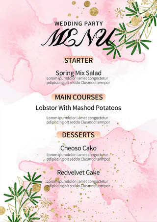 极简菜单海报模板_金箔植物婚礼粉色菜单简约海报