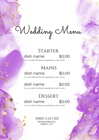 时尚水彩金色烟雾婚礼菜单紫色海报