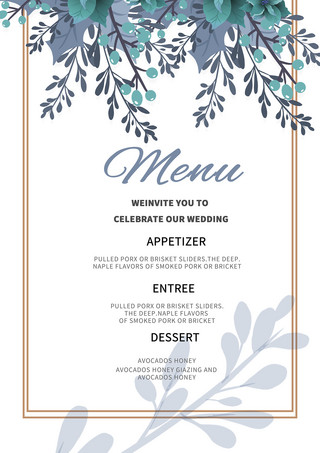 菜单活动海报模板_蓝色水彩花卉婚礼菜单模板