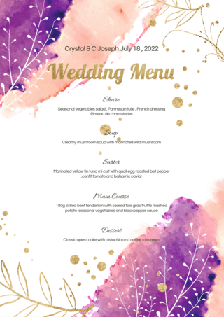 紫色水粉金箔植物婚礼菜单