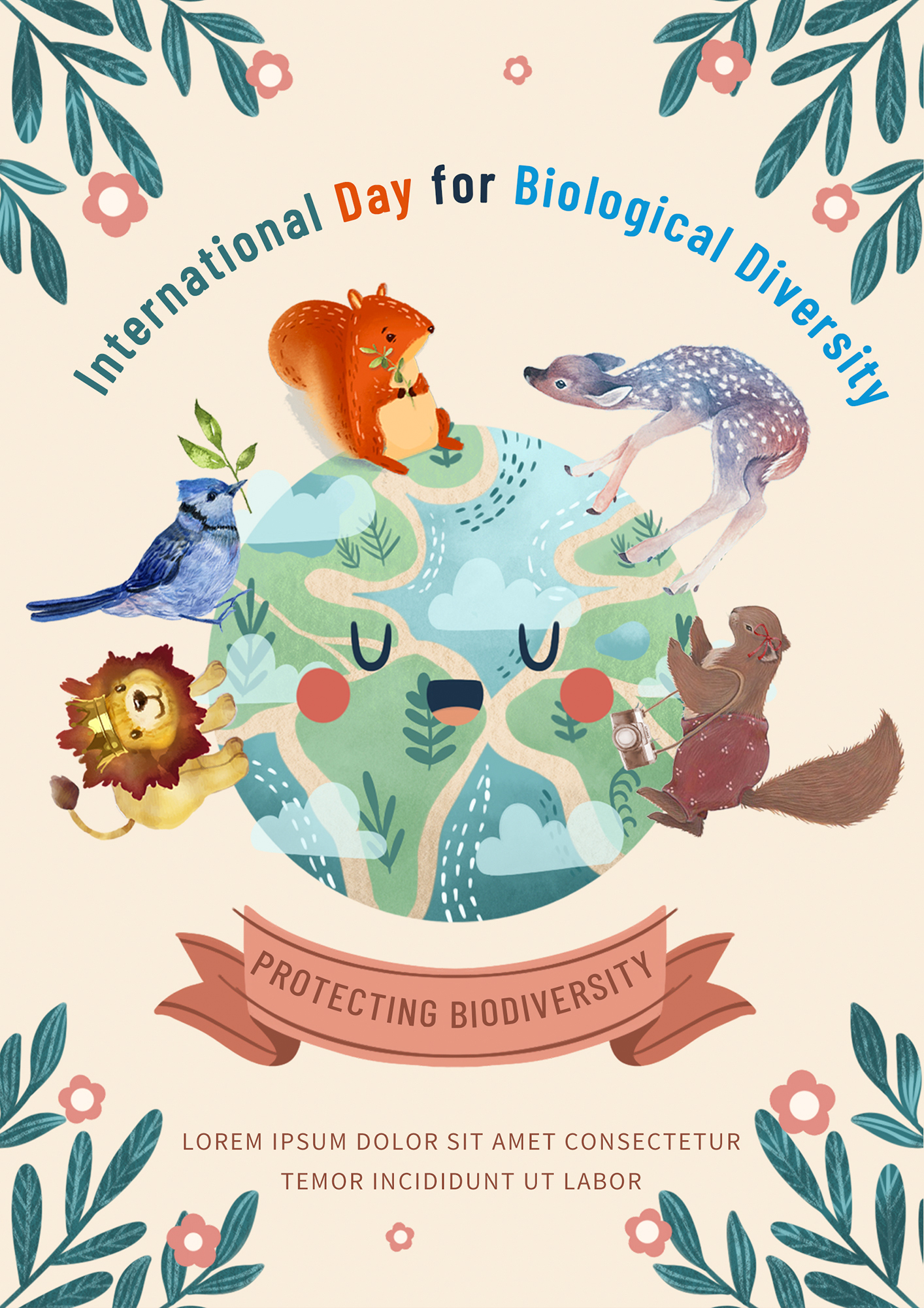 卡通可爱水彩国际生物多样性日海报图片