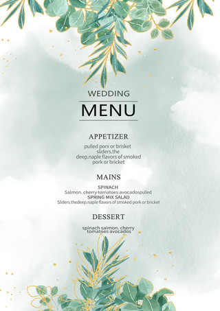 极简邀请函海报模板_金箔植物极简婚礼菜单模板
