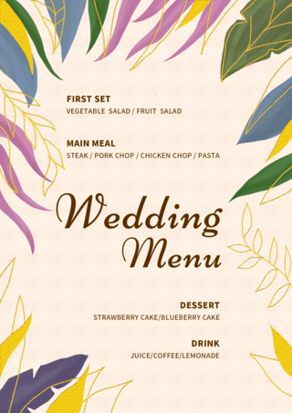 各种各样杯子海报模板_各种颜色的金箔植物婚礼菜单模板