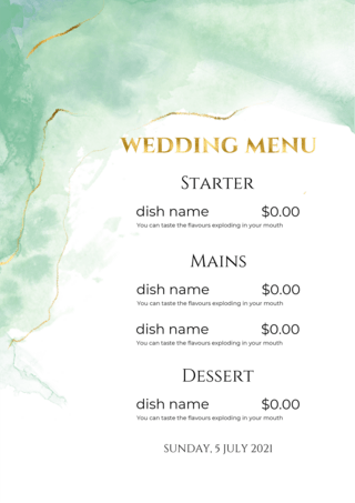 积极乐观海报模板_绿色水彩金色烟雾婚礼菜单