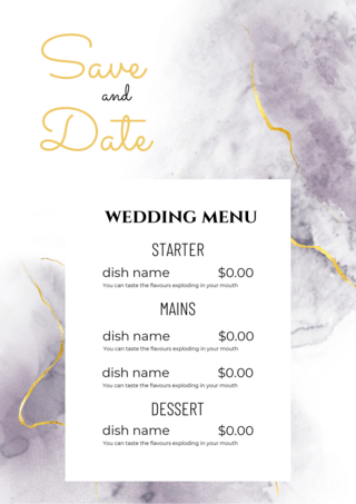 紫色颜料水彩金色婚礼菜单