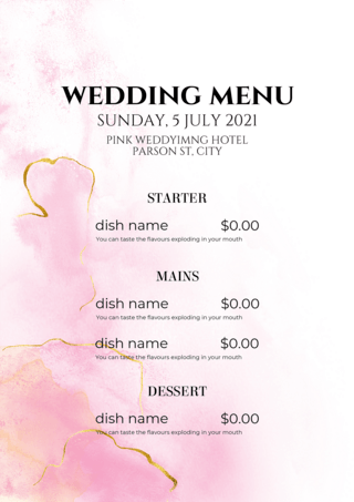 粉色水彩金色烟雾婚礼菜单