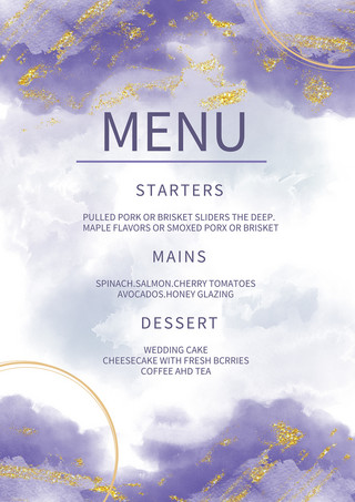 紫色金箔优雅婚礼菜单模版
