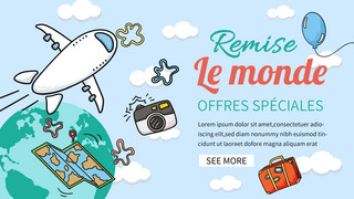 飞机云朵海报模板_简约卡通趣味可爱环球旅行法语横幅