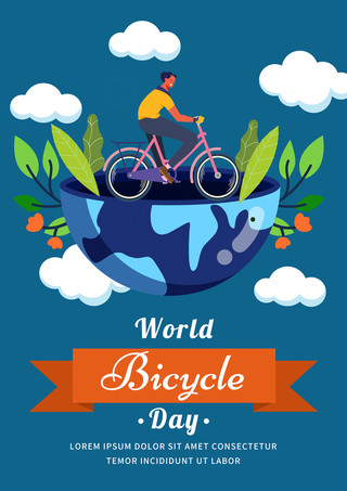 蓝色卡通趣味创意世界自行车日海报