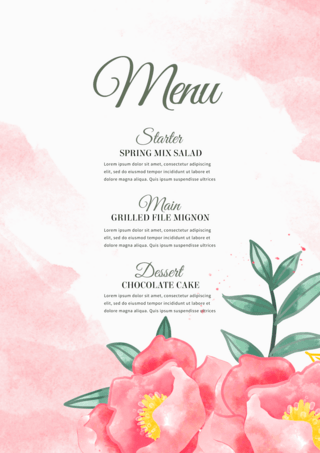 粉色水彩花卉婚礼菜单