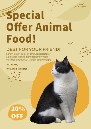 动物粮食海报模板_黄色涂鸦小猫食物促销模版