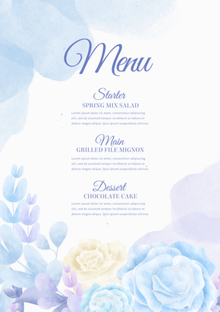 蓝色水彩鲜花婚礼菜单