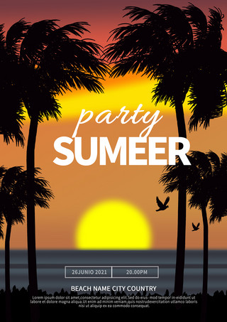 夏季风景海报海报模板_落日沙滩夏季派对海报