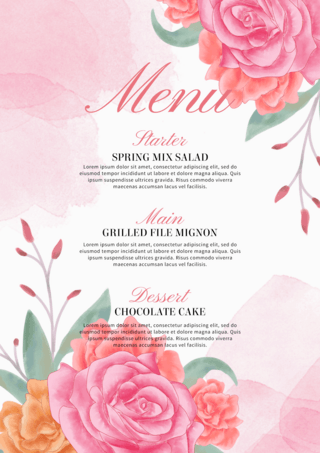 粉色水彩鲜花婚礼菜单