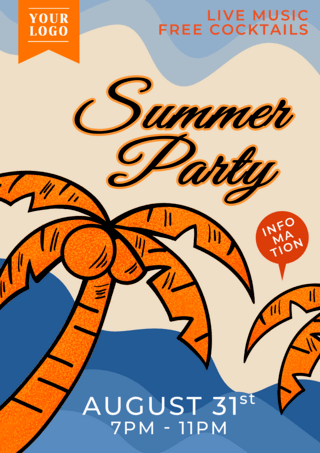 summer蓝色海报模板_蓝色水波椰子树夏季派对海报
