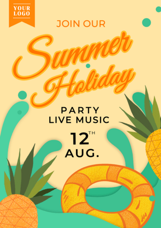 夏日欢乐派对海报模板_菠萝游泳圈浪花夏季派对海报