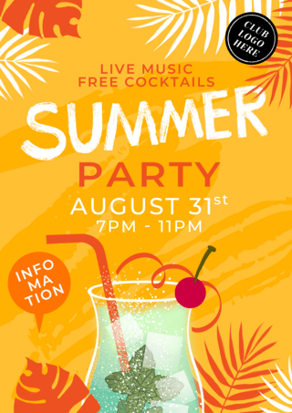 夏日欢乐派对海报模板_橙色绿色鸡尾酒饮料夏季派对海报