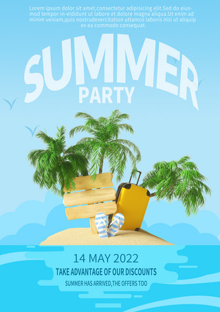 夏派对海报模板_夏天沙滩小岛享受派对海报