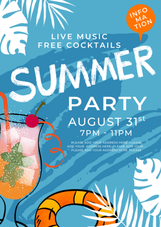 鸡尾酒宣传海报模板_蓝色海滨鸡尾酒夏季派对海报