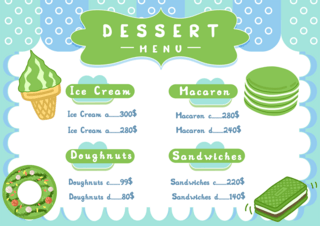 蓝绿色极简多彩涂鸦卡通甜品菜单