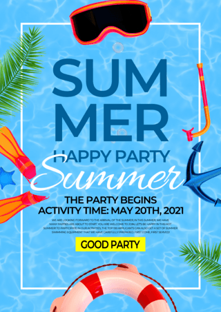 蓝色泳池夏日派对创意宣传海报模板