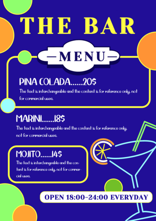 酒吧菜单海报模板_蓝粉橙绿色极简多彩涂鸦酒吧菜单