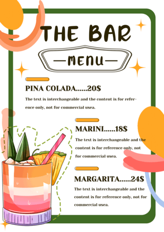酒吧菜单海报模板_黄粉橙绿色简约多彩涂鸦酒吧菜单