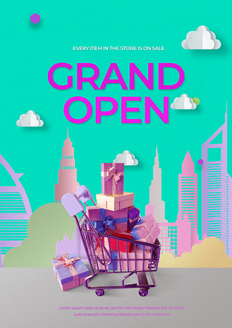 蓝色剪纸城市商场开业促销礼盒购物车海报