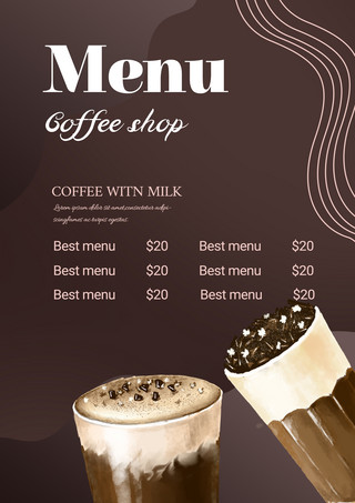 棕色菜单海报模板_棕色简约线条形状水彩咖啡菜单模板