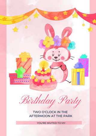卡通水彩动物海报模板_粉色晕染兔子生日邀请函