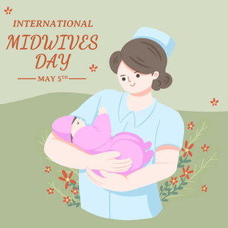 卡通国际助产士日婴儿护士花朵绿色社交媒体模板